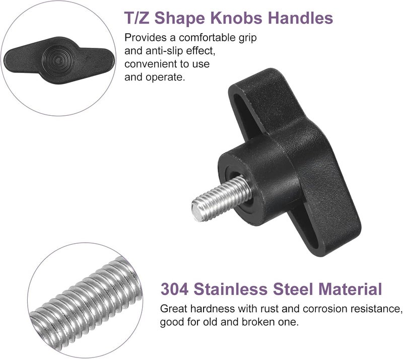 uxcell 4Pcs Tee Wing Knobs Thumb Screws, M5 x 10mm Clamping Screw Knob Male Thread 304 Stainless Steel T Shaped Thumb Screws Handle 36mm Dia. for Hand Tightening Knob Replacement, Black - Image 3
